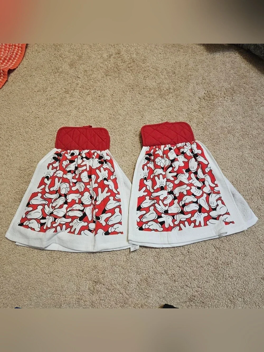 2 Handcrafted Towels Attached To Potholders | Red + White | Disney Mickey Mouse